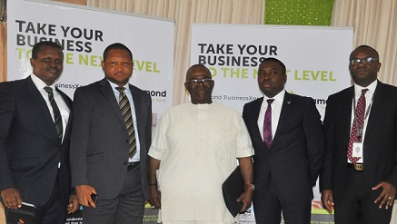 (L-R) Chiagozie Nwizu, MSME Advisory Manager, Diamond Bank PLC; Raymond Mbonu, Business Manager, BrigdeHead Branch, Diamond Bank PLC; Chief Emmanuel Eziokwu, KSJ,  Chairman, Prollo Pipes & Profile Industries Limited, Onitsha; Iheanyi Nwanosike, Business Manager, New Market Road Branch, Diamond Bank PLC and Nicholas Peter, MSME Proposition, Diamond Bank PLC at the 47thBusinessXpress Seminar of  the bank organized for Micro-Small, Medium Enterprises at Onitsha recently.